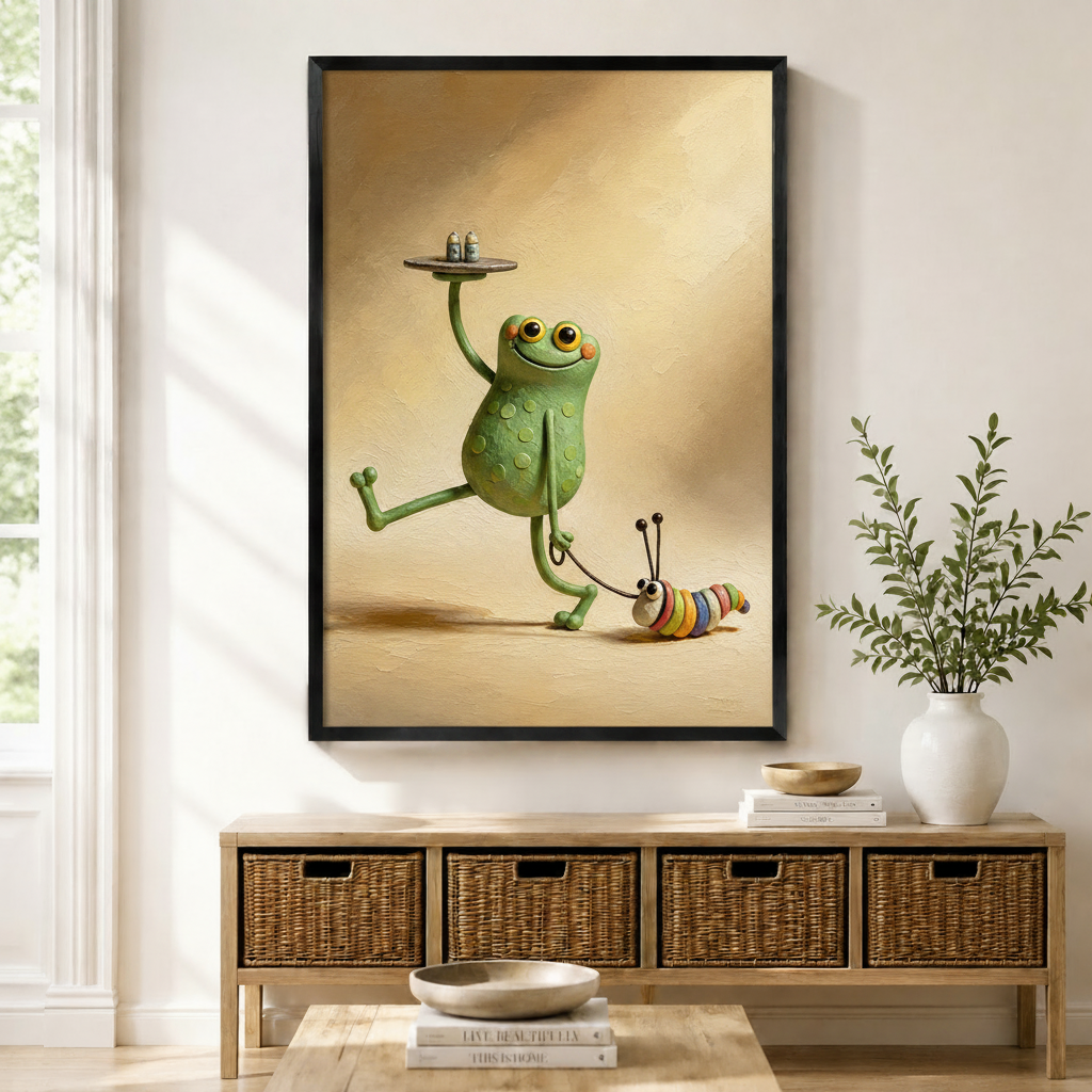Framed whimsical wall art print of a cheerful green frog waiter balancing a tray while walking a colorful caterpillar on a leash, displayed above a wicker console table in a bright entryway