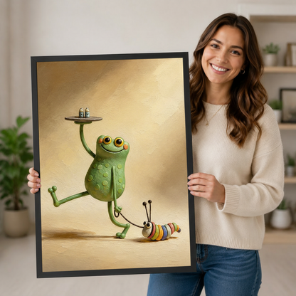 Woman holding a large framed whimsical art print showing a cheerful green frog waiter and rainbow caterpillar, demonstrating print size and premium black frame quality