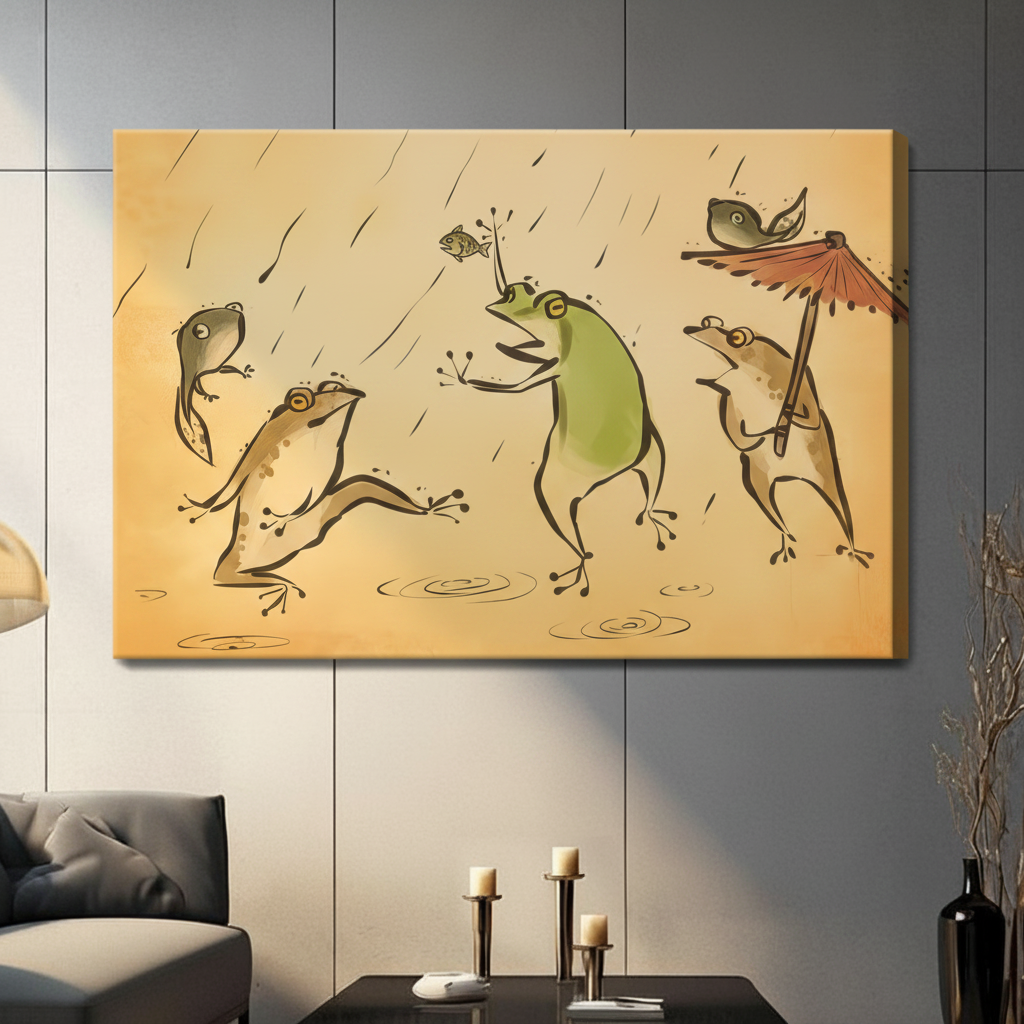 Unframed stretched canvas print of four playful frogs dancing in the rain with a red parasol on a warm amber background hung in a contemporary grey living room
