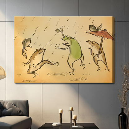 Unframed stretched canvas print of four playful frogs dancing in the rain with a red parasol on a warm amber background hung in a contemporary grey living room