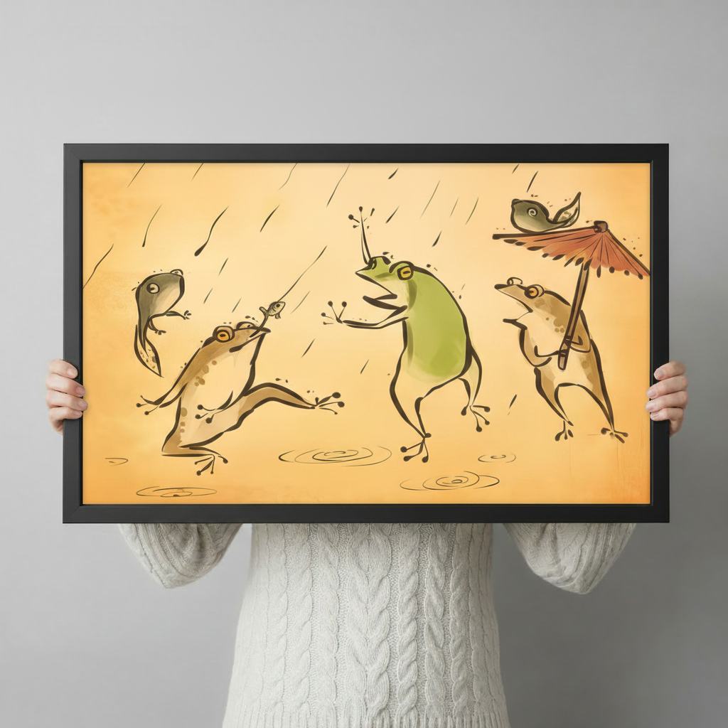 Person holding a large black framed funny frogs in rain canvas art print showing print size scale and loose ink illustration detail with frogs catching fish on amber background