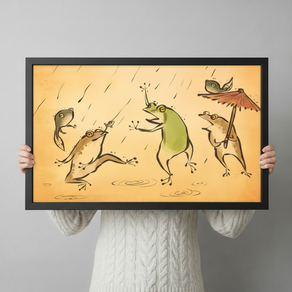 Person holding a large black framed funny frogs in rain canvas art print showing print size scale and loose ink illustration detail with frogs catching fish on amber background