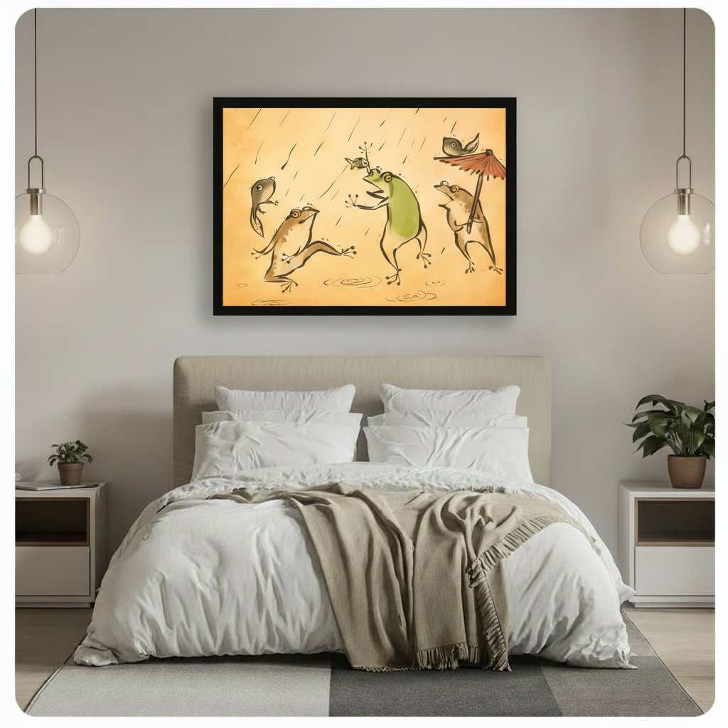 Framed whimsical frogs dancing in rain canvas wall art with warm amber ink illustration style hung above an upholstered bed with white bedding in a bright minimalist bedroom