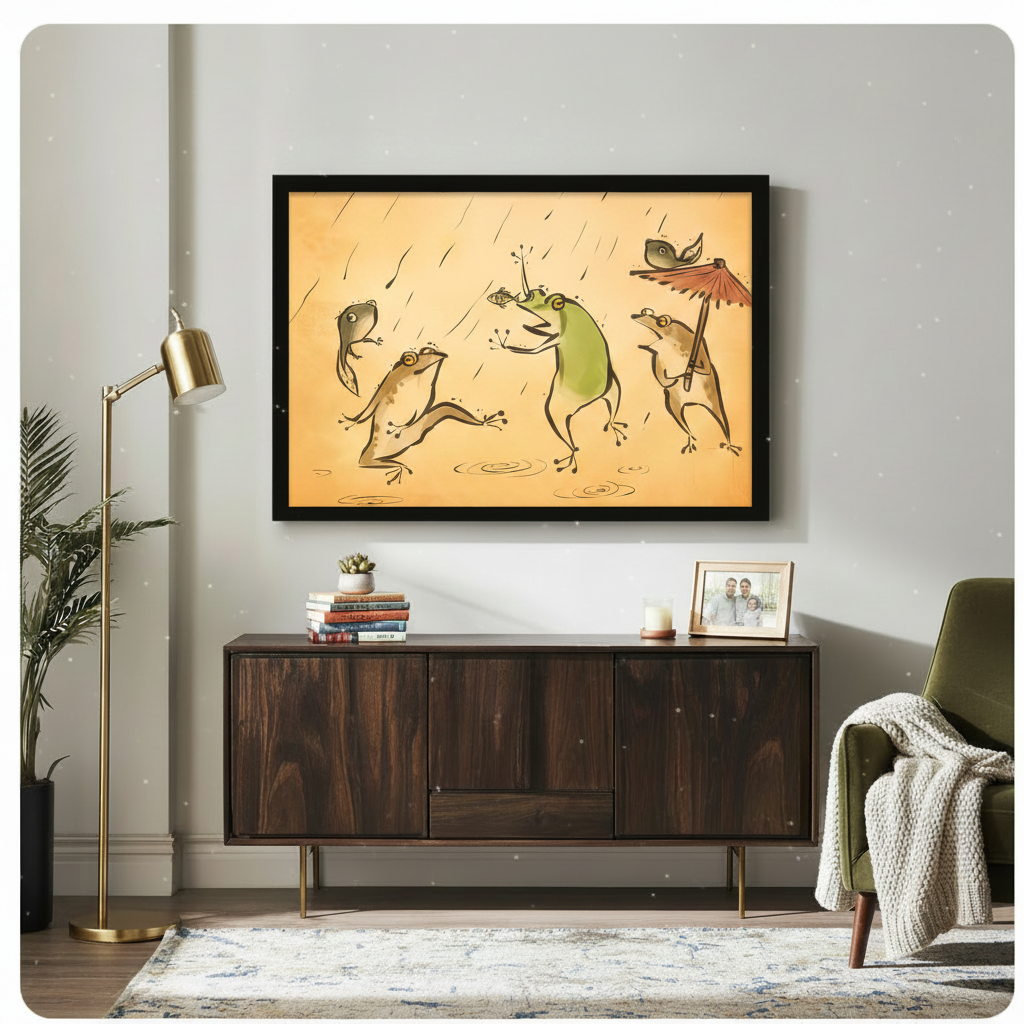 Black framed funny frogs in rain canvas art print with humorous ink illustration of frogs with red parasol on amber background above a dark walnut sideboard in an eclectic living room