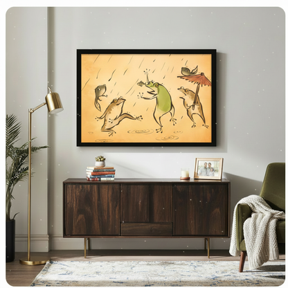 Black framed funny frogs in rain canvas art print with humorous ink illustration of frogs with red parasol on amber background above a dark walnut sideboard in an eclectic living room