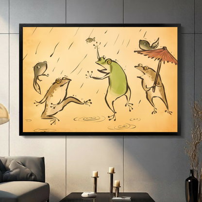 Framed funny frogs in rain canvas wall art with whimsical ink illustration style on warm amber background displayed on a dark grey wall in a modern living room with candle holders