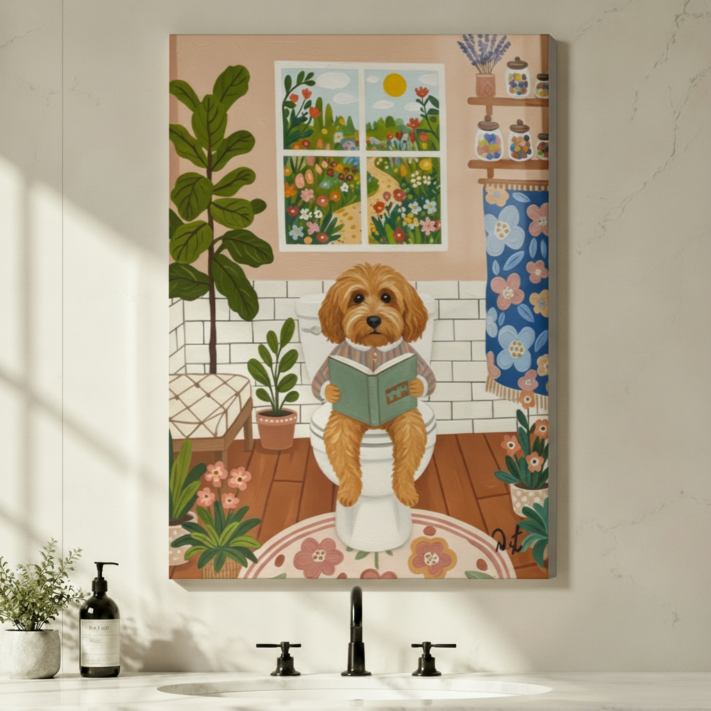 Stretched canvas wall art of a charming cottagecore funny goldendoodle bathroom reading print featuring a fluffy golden curly doodle dog wearing a striped pajama shirt sitting on a white toilet absorbed in reading a green book surrounded by abundant indoor plants a large fiddle leaf fig a blue large-flower shower curtain a sunny four-panel garden window and a rustic wooden shelf with decorative glass jars and dried lavender on a white subway tile wall with a floral patterned round bath rug, hung above a bat