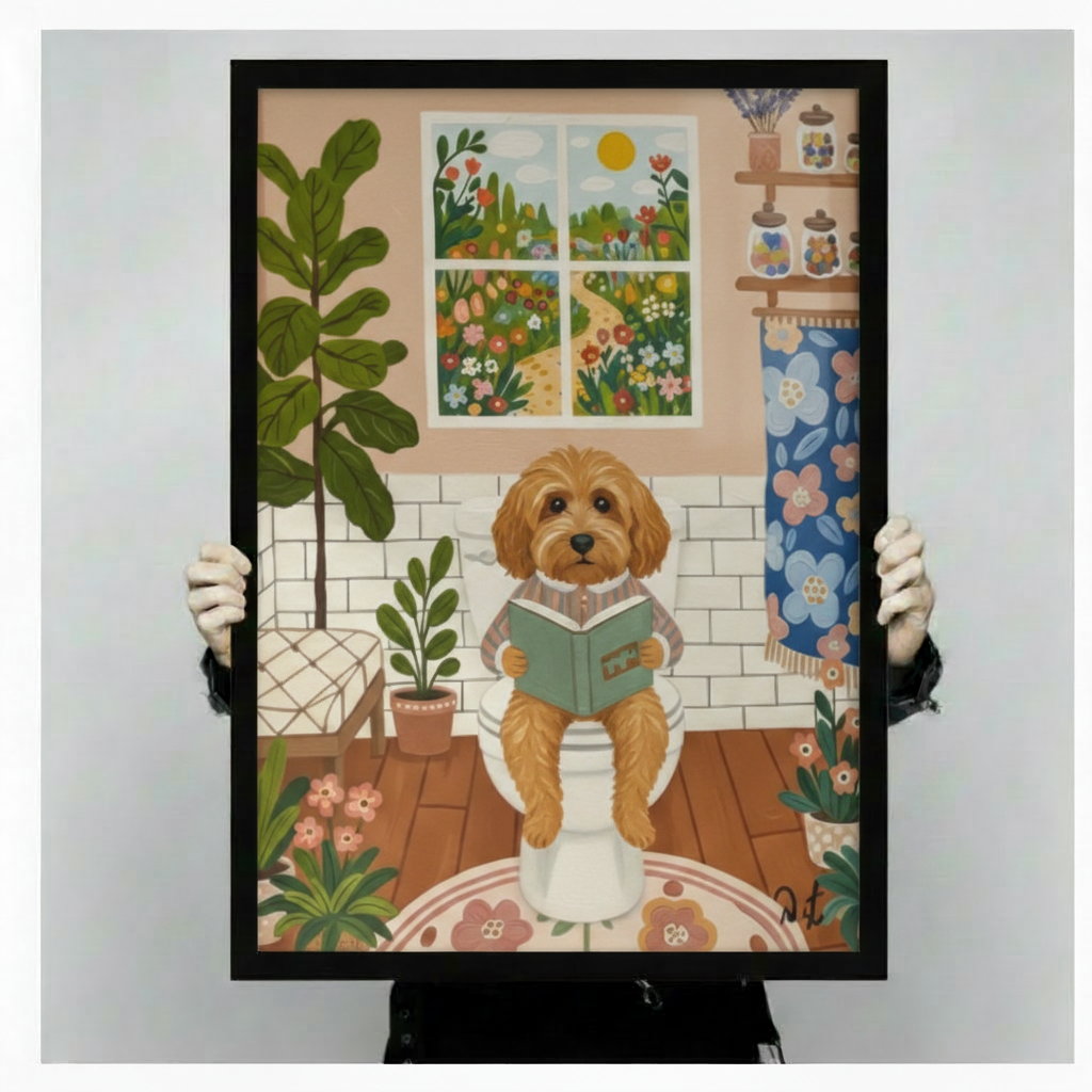 Person holding a large vertical black framed whimsical cottagecore funny goldendoodle bathroom reading canvas art print showing a fluffy golden curly-haired doodle dog in a striped pajama shirt sitting on a white toilet reading a green book surrounded by lush indoor plants a large fiddle leaf fig a blue large-flower shower curtain a sunny four-panel garden window and a rustic wooden shelf with glass jars and dried lavender on a white subway tile background with a floral round bath rug against a light gray 