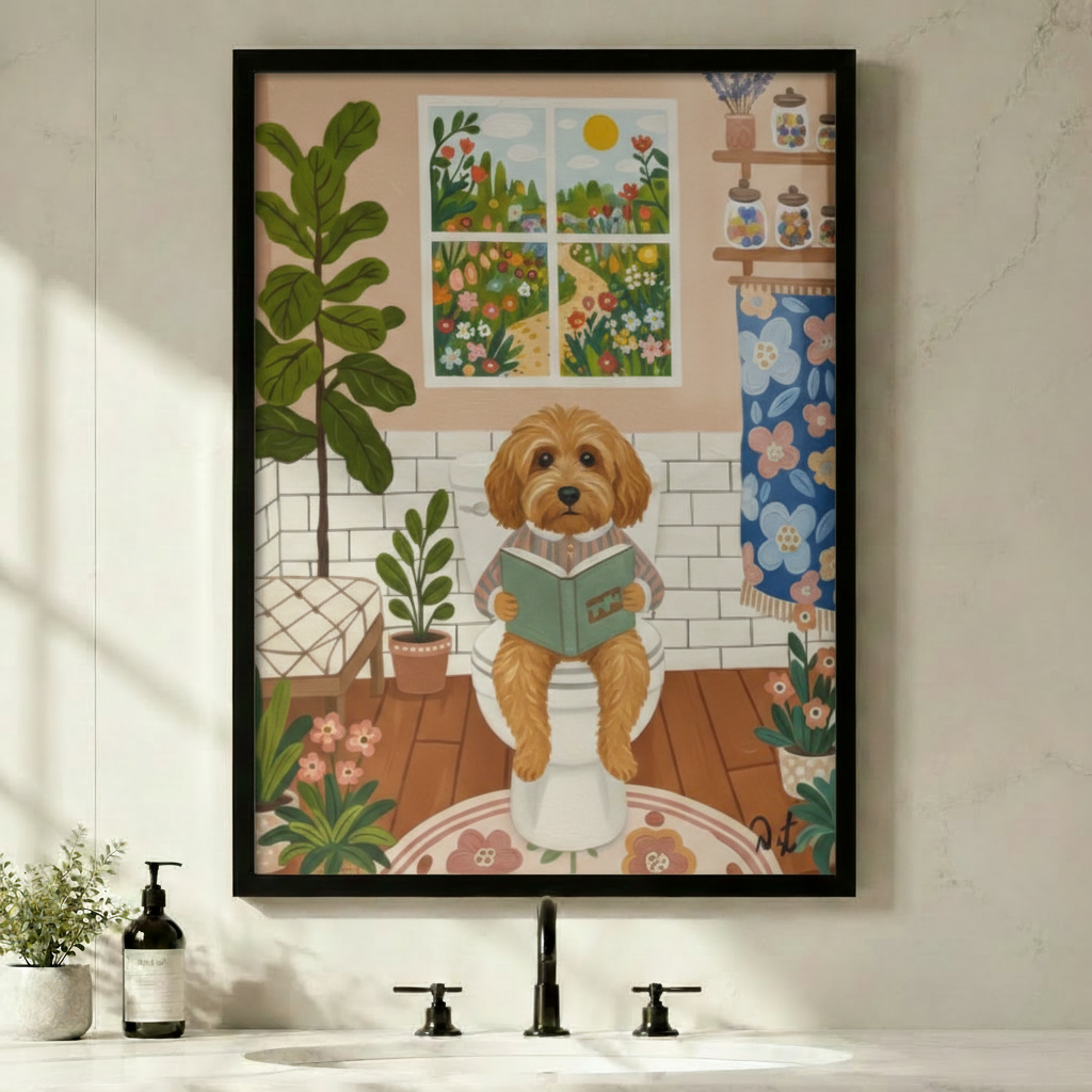 Black framed whimsical cottagecore funny goldendoodle bathroom reading canvas art with a fluffy golden curly-haired doodle dog in a striped pajama top sitting on a white toilet reading a green hardcover book surrounded by lush potted plants including a large fiddle leaf fig pink wildflowers and a blue floral shower curtain with a sunny four-pane garden window and a wooden shelf with glass jars and lavender on a white subway tile background with a floral round rug, displayed above a bathroom sink with a blac