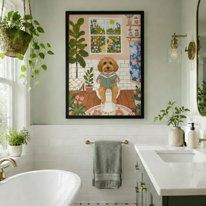 Black framed whimsical cottagecore funny goldendoodle bathroom reading canvas art with a fluffy golden curly doodle dog in a striped pajama top sitting on a white toilet reading a green hardcover book surrounded by abundant potted plants a large fiddle leaf fig a blue floral shower curtain a four-pane sunny garden window and a wooden shelf with glass jars and lavender on a white subway tile background with a floral round rug, hung in a bright plant-filled bathroom with a freestanding white soaking tub white