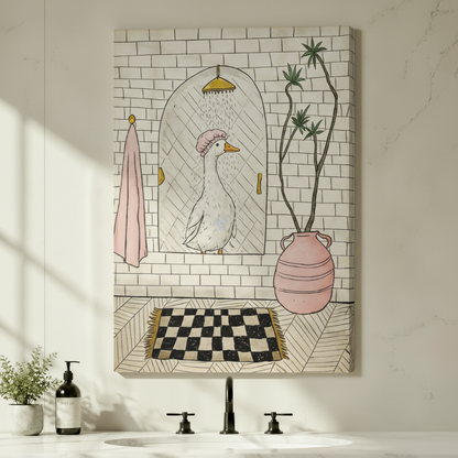 Whimsical goose taking a shower with pink towel, checkerboard rug, and pink ceramic vase gallery wrapped canvas print above a white bathroom vanity with black faucet and green plant