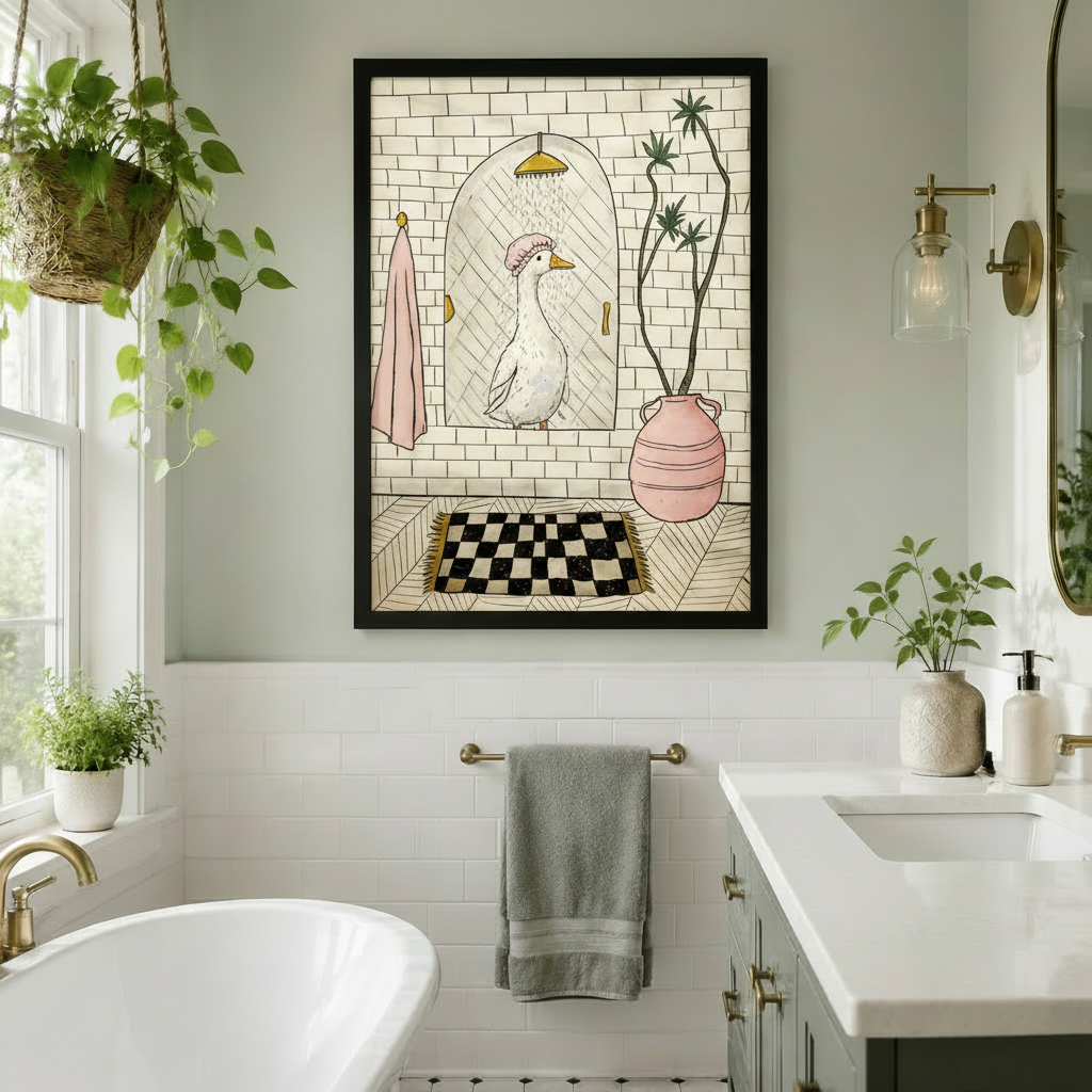 Playful white goose taking a shower framed bathroom wall art on a sage green wall above a freestanding bathtub with gold fixtures, hanging pothos plant, oval mirror, and gray towel rail in a bright Scandinavian bathroom