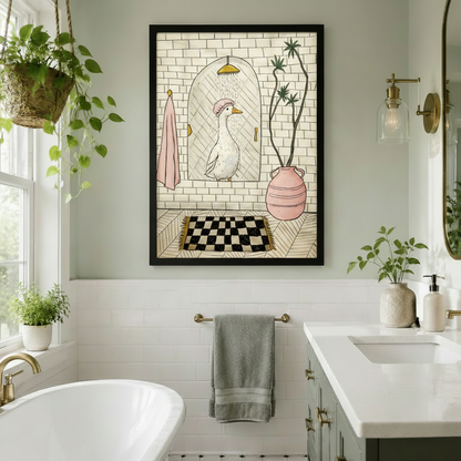 Playful white goose taking a shower framed bathroom wall art on a sage green wall above a freestanding bathtub with gold fixtures, hanging pothos plant, oval mirror, and gray towel rail in a bright Scandinavian bathroom