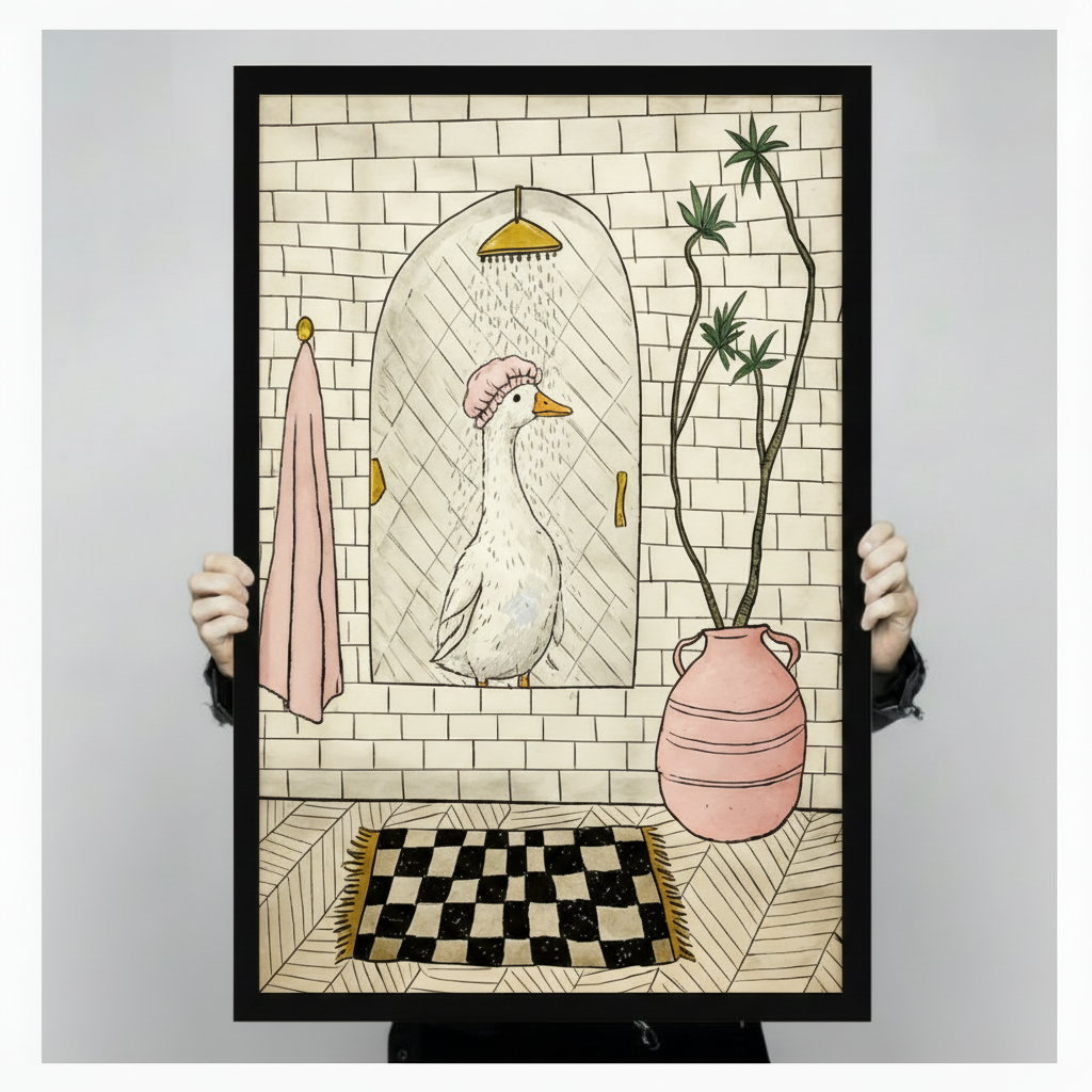 Person holding a black framed funny goose in shower cap bathroom art print showing full illustration detail with gold showerhead, pink towel, checkerboard rug, and palm plant against a light gray backdrop