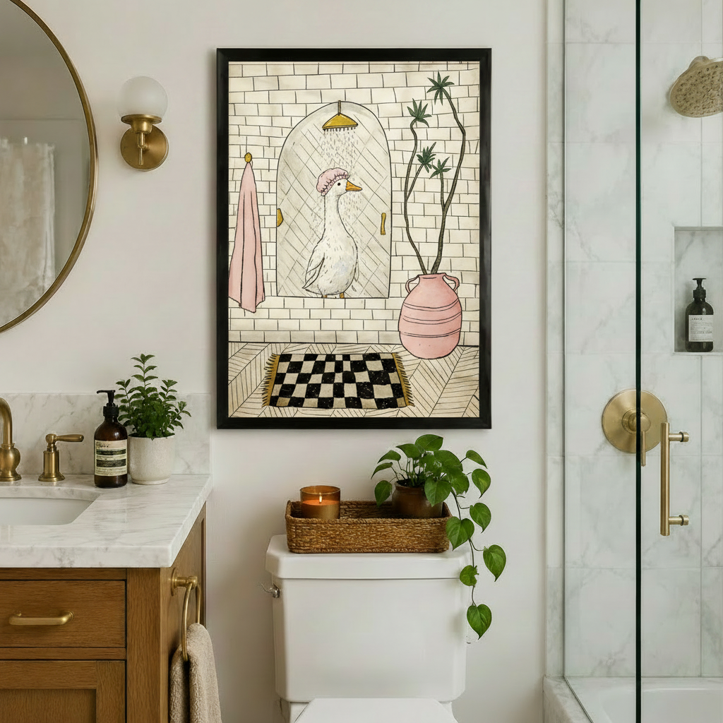 Cute goose shower cap illustration in black frame above a toilet in a luxury bathroom with brushed gold hardware, round mirror, marble vanity, trailing potted plants, and a lit candle on a wicker tray