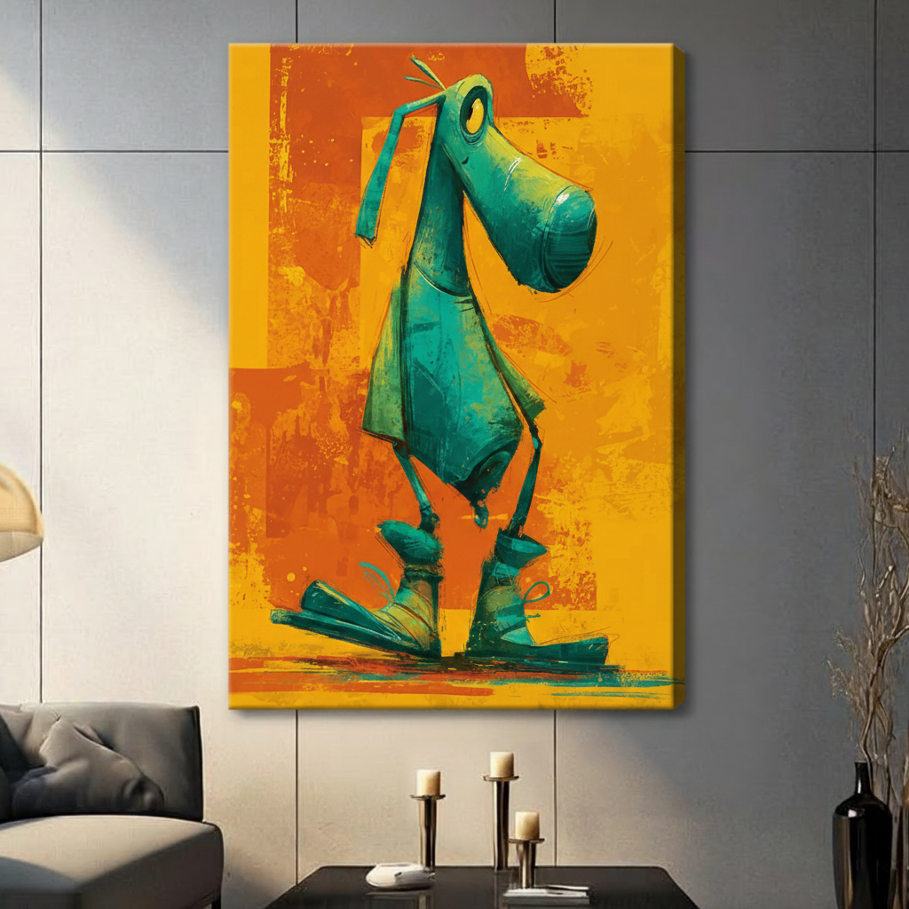 Frameless whimsical green dog cartoon canvas print on grey panel wall – bold yellow orange background pet wall art for living room
