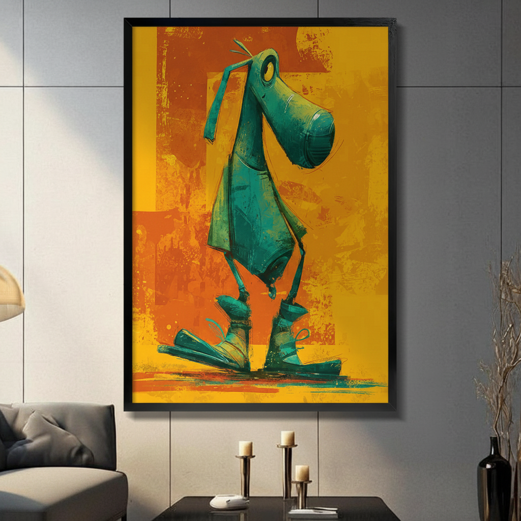 Funny green cartoon dog canvas wall art in black frame displayed in modern dark living room with candles – whimsical pet portrait print