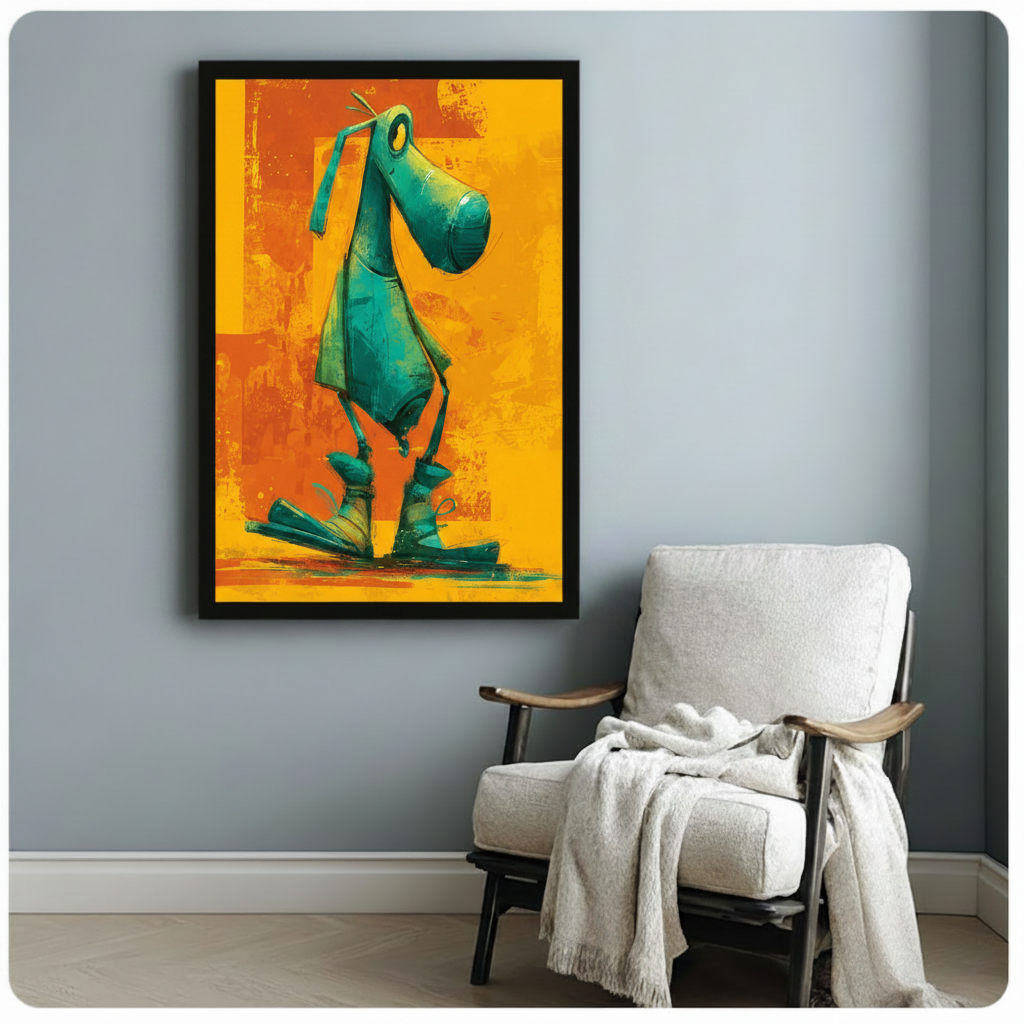 Whimsical green dog framed canvas wall art beside white armchair in cozy reading nook – humorous pet portrait print for home decor