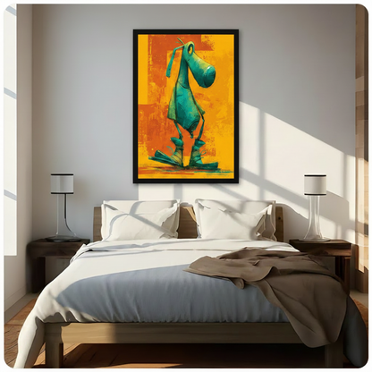 Framed whimsical green cartoon dog canvas print above bed in bright modern bedroom – colorful pet wall art for bedroom decor