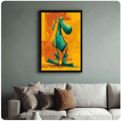 Framed funny green cartoon dog wall art above cream sofa on blue-grey wall – playful pet portrait canvas print for living room decor