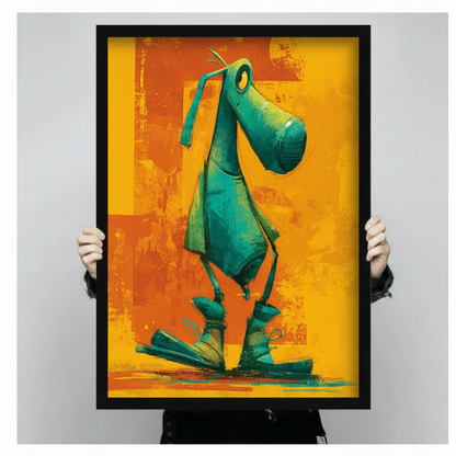 Person holding framed funny green cartoon dog canvas wall art – bold yellow orange pet portrait print size reference display