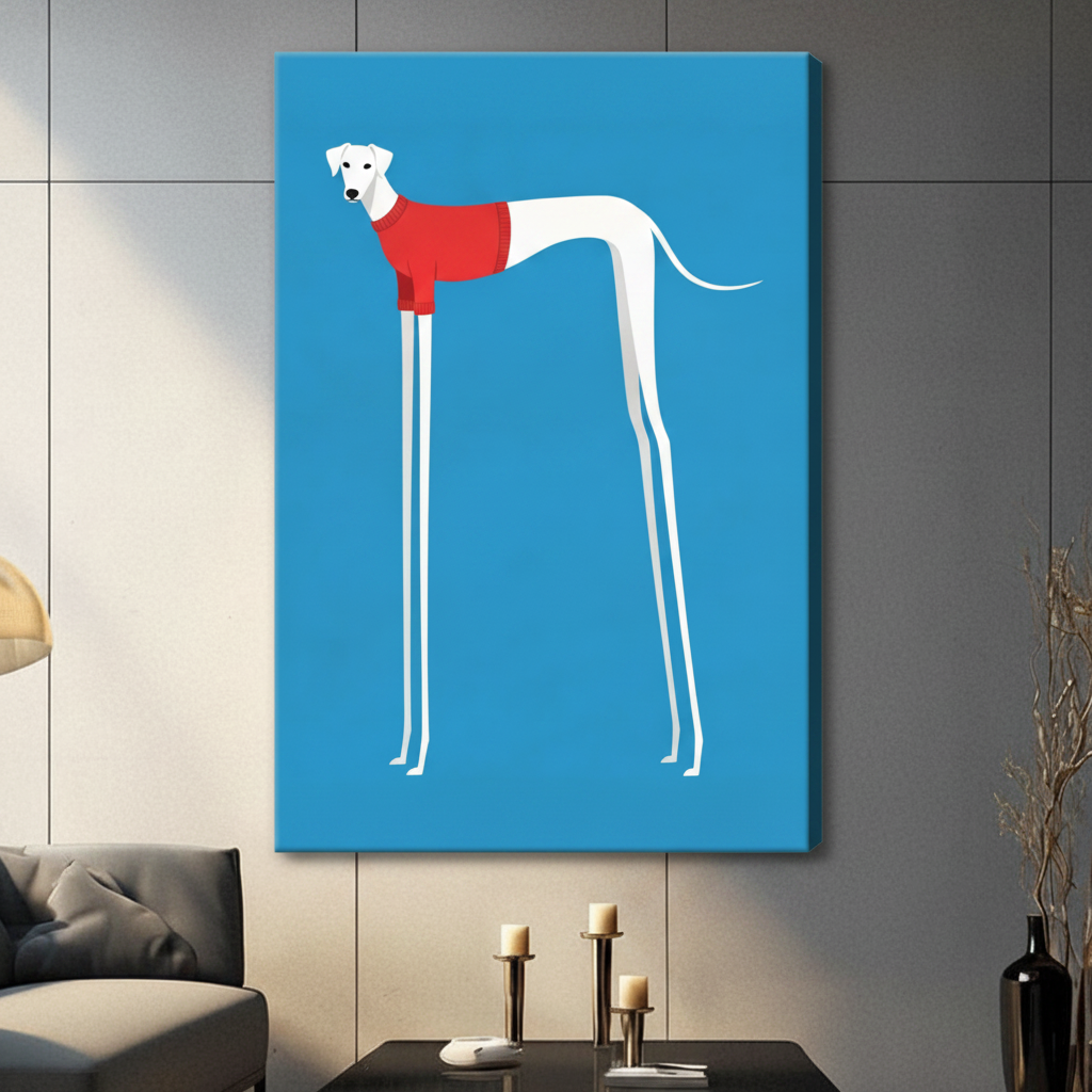 Gallery wrap stretched canvas of a minimalist white greyhound with exaggerated long legs wearing a red sweater hung frameless on a dark gray wall above candlestick holders