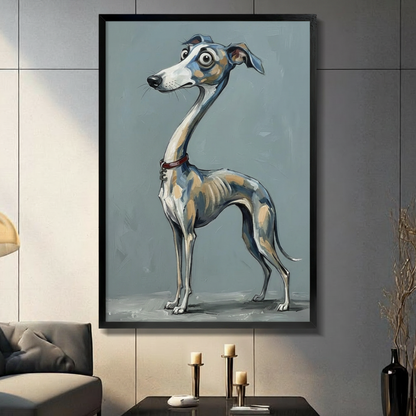 Framed funny greyhound cartoon wall art with big eyes and red collar, displayed in modern living room above console table