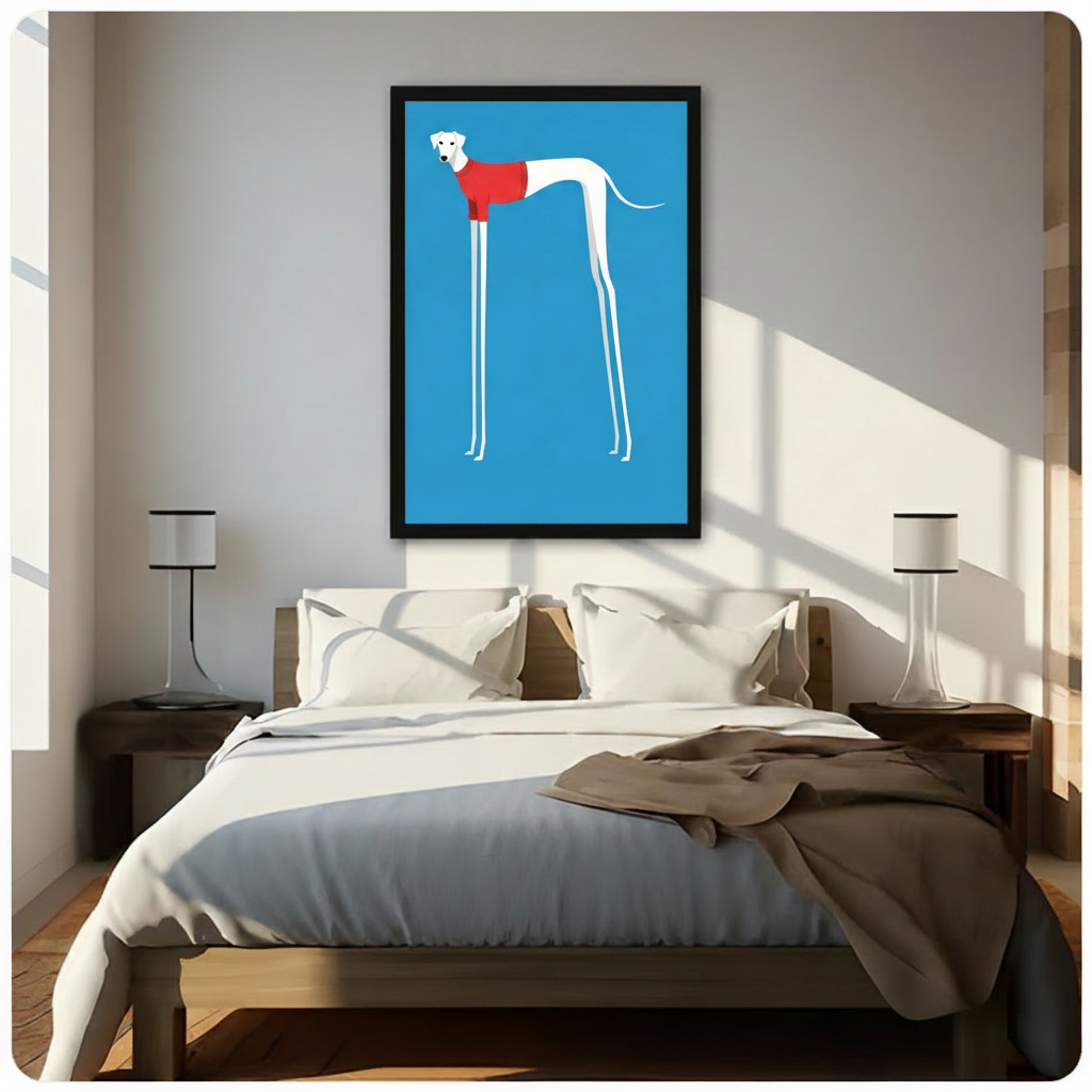 Black framed minimalist greyhound dog wall art canvas with blue background hung above a dark wood bed with white linen bedding in a sunlit neutral bedroom with warm diagonal light