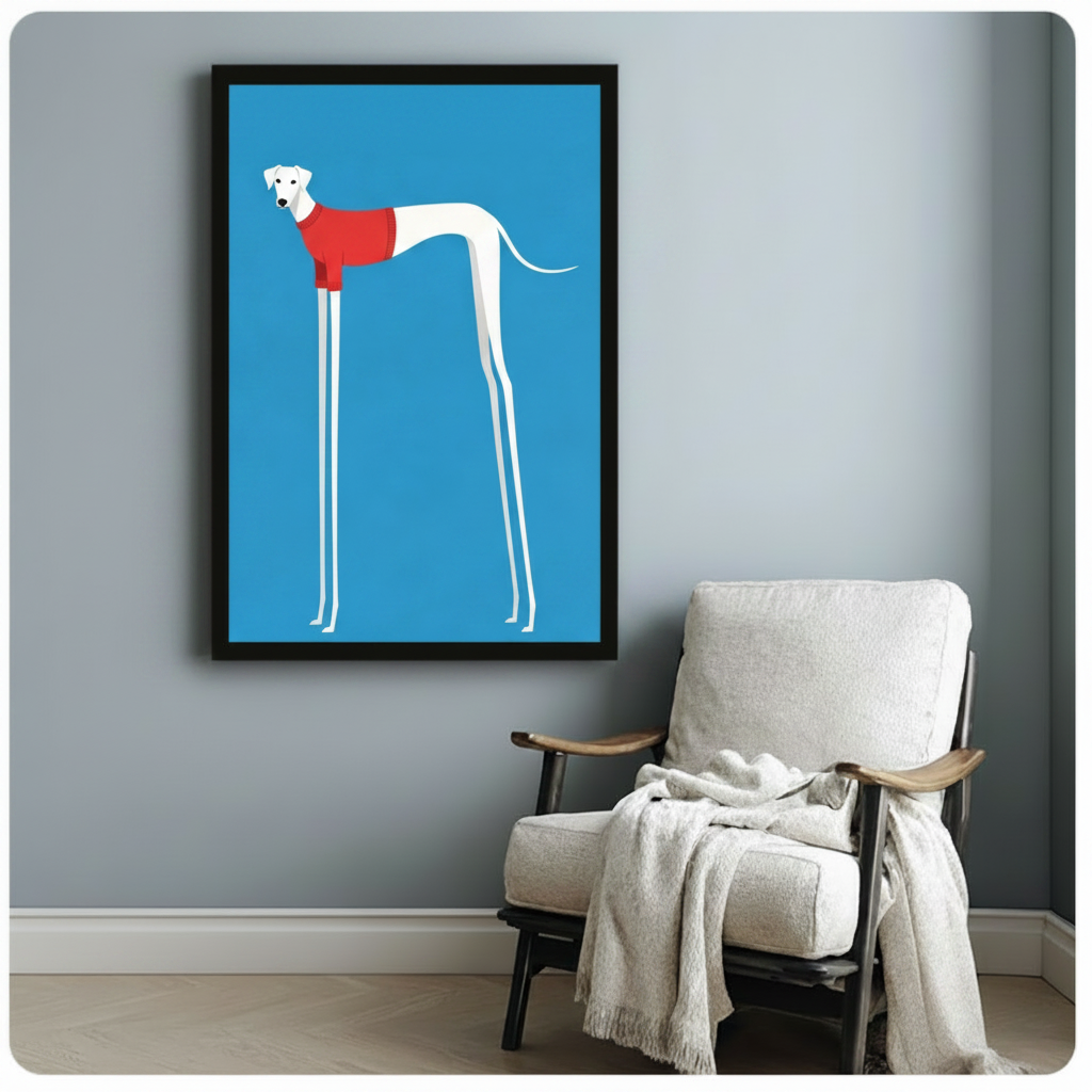 Black framed whimsical greyhound dog canvas print with blue background hung on a soft blue-gray wall beside a white linen wood armchair with a cream knit throw blanket