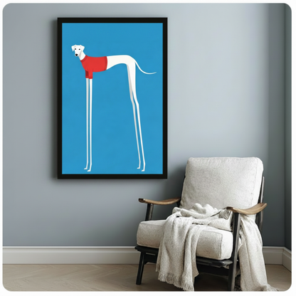 Black framed whimsical greyhound dog canvas print with blue background hung on a soft blue-gray wall beside a white linen wood armchair with a cream knit throw blanket