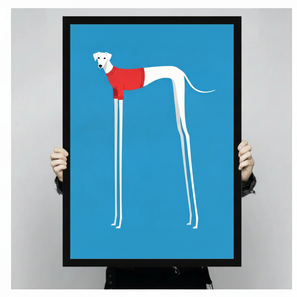 Hands in black sleeves holding a large black framed funny long-legged greyhound in red sweater canvas art print against a neutral gray background, front-facing size display