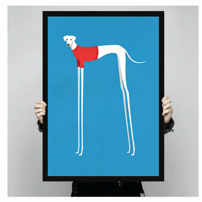Hands in black sleeves holding a large black framed funny long-legged greyhound in red sweater canvas art print against a neutral gray background, front-facing size display
