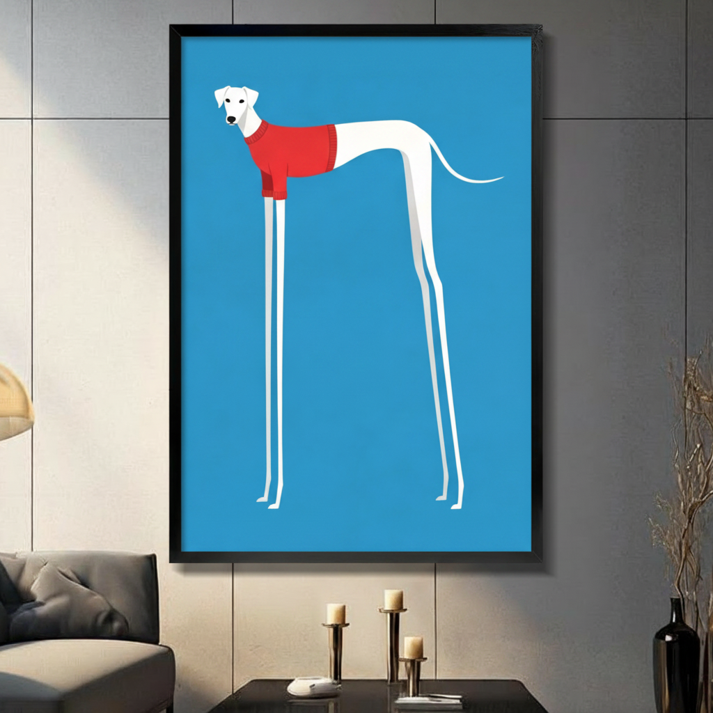 Black framed funny greyhound dog in red sweater canvas wall art with bright blue background displaye