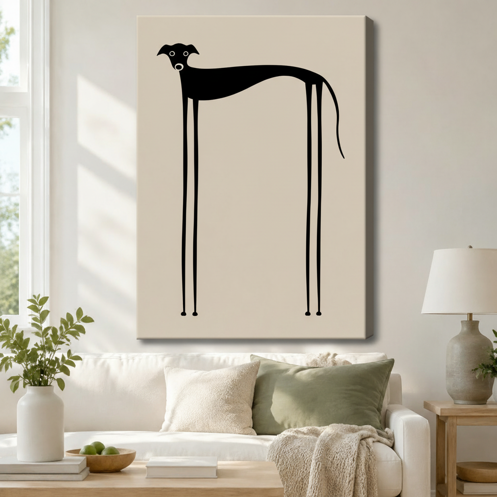 Gallery wrap canvas art featuring a quirky black greyhound with an elongated body and impossibly long stick legs on a soft cream background, hung above a white sofa in a warm modern living room