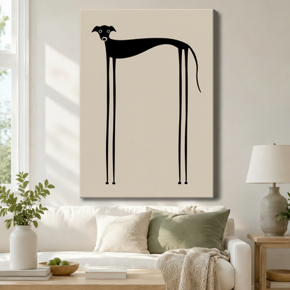 Gallery wrap canvas art featuring a quirky black greyhound with an elongated body and impossibly long stick legs on a soft cream background, hung above a white sofa in a warm modern living room