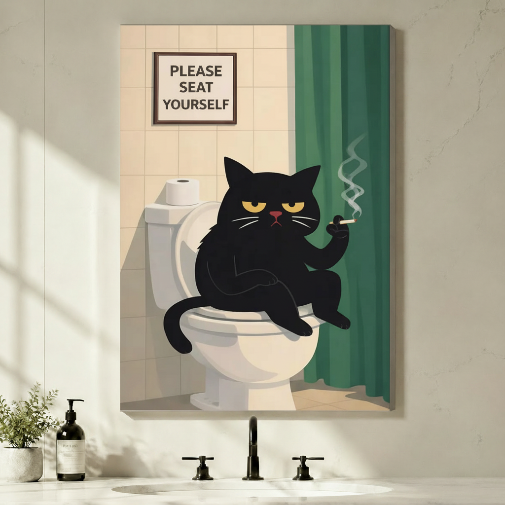 Stretched canvas funny grumpy black cat on toilet bathroom wall art featuring a sulky black cat with droopy yellow eyes perched on a white toilet gripping a lit cigarette with curling smoke next to a teal shower curtain and a framed Please Seat Yourself sign on cream bathroom tiles, hung above a black faucet sink with a green plant