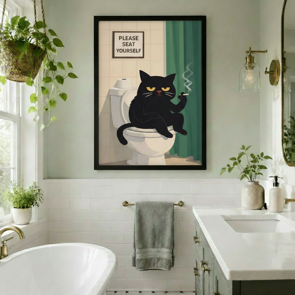 Black framed funny grumpy black cat on toilet bathroom canvas art with a sulky black cat with droopy yellow eyes perched on a white toilet gripping a cigarette with curling smoke beside a teal shower curtain and a Please Seat Yourself sign on cream tiles, hung in a bright boho bathroom with white subway tiles gold hardware a freestanding tub and hanging plants