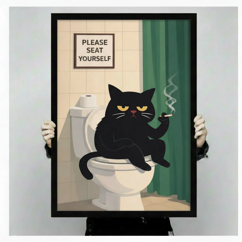 Hands holding a large black framed funny grumpy black cat on toilet bathroom canvas art print with a scowling black cat with heavy-lidded yellow eyes sitting on a white toilet holding a lit cigarette with rising smoke next to a teal shower curtain and a Please Seat Yourself sign on cream bathroom tiles