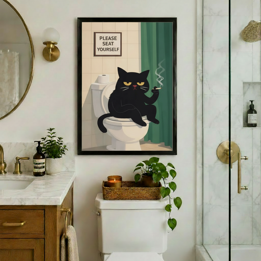Black framed funny grumpy black cat on toilet bathroom canvas art showing a grouchy black cat with half-closed yellow eyes sitting on a white toilet holding a smoking cigarette beside a teal shower curtain under a Please Seat Yourself sign on cream tiles, hung in a luxury bathroom with gold fixtures a marble countertop and a glass shower enclosure