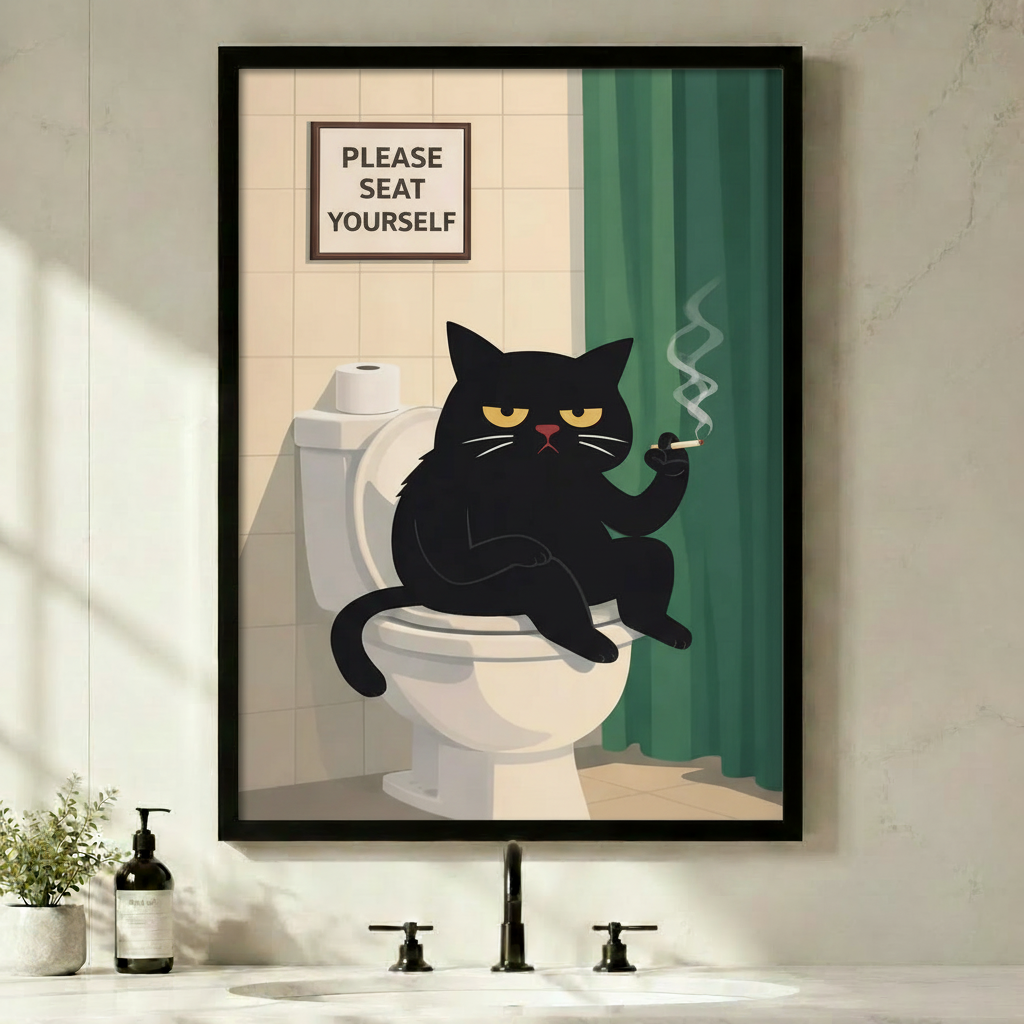 Black framed funny grumpy black cat on toilet bathroom canvas art with a scowling black cat with heavy-lidded yellow eyes sitting on a white toilet holding a cigarette with a wisp of smoke rising beside a teal shower curtain and a Please Seat Yourself sign on cream tiles, hung above a black faucet bathroom sink with a green plant