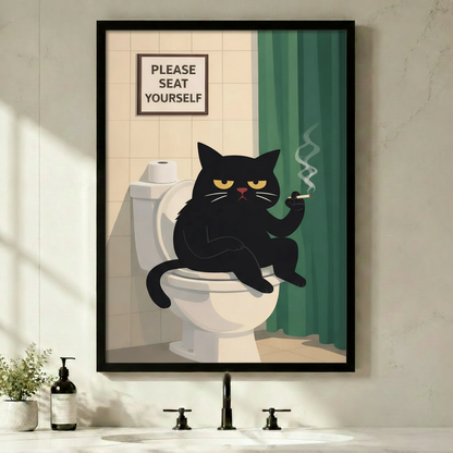 Black framed funny grumpy black cat on toilet bathroom canvas art with a scowling black cat with heavy-lidded yellow eyes sitting on a white toilet holding a cigarette with a wisp of smoke rising beside a teal shower curtain and a Please Seat Yourself sign on cream tiles, hung above a black faucet bathroom sink with a green plant