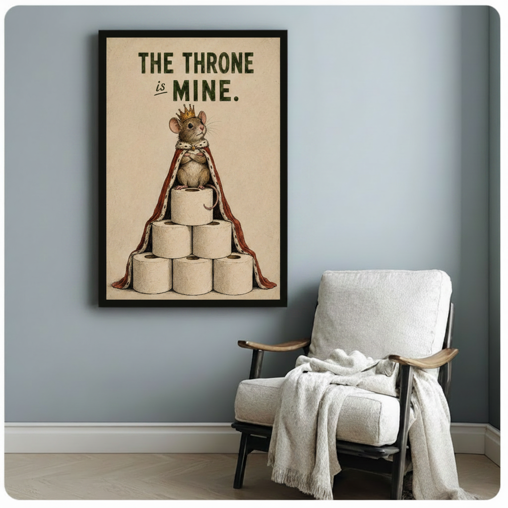 Black framed vintage humorous illustration regal mouse with gold crown and red royal mantle perched on stacked toilet paper rolls with bold typography The Throne Is Mine on distressed beige background canvas print on pale blue-grey wall beside white wood arm accent chair with draped cream throw - witty bathroom king mouse toilet paper wall art for cozy reading nook decor