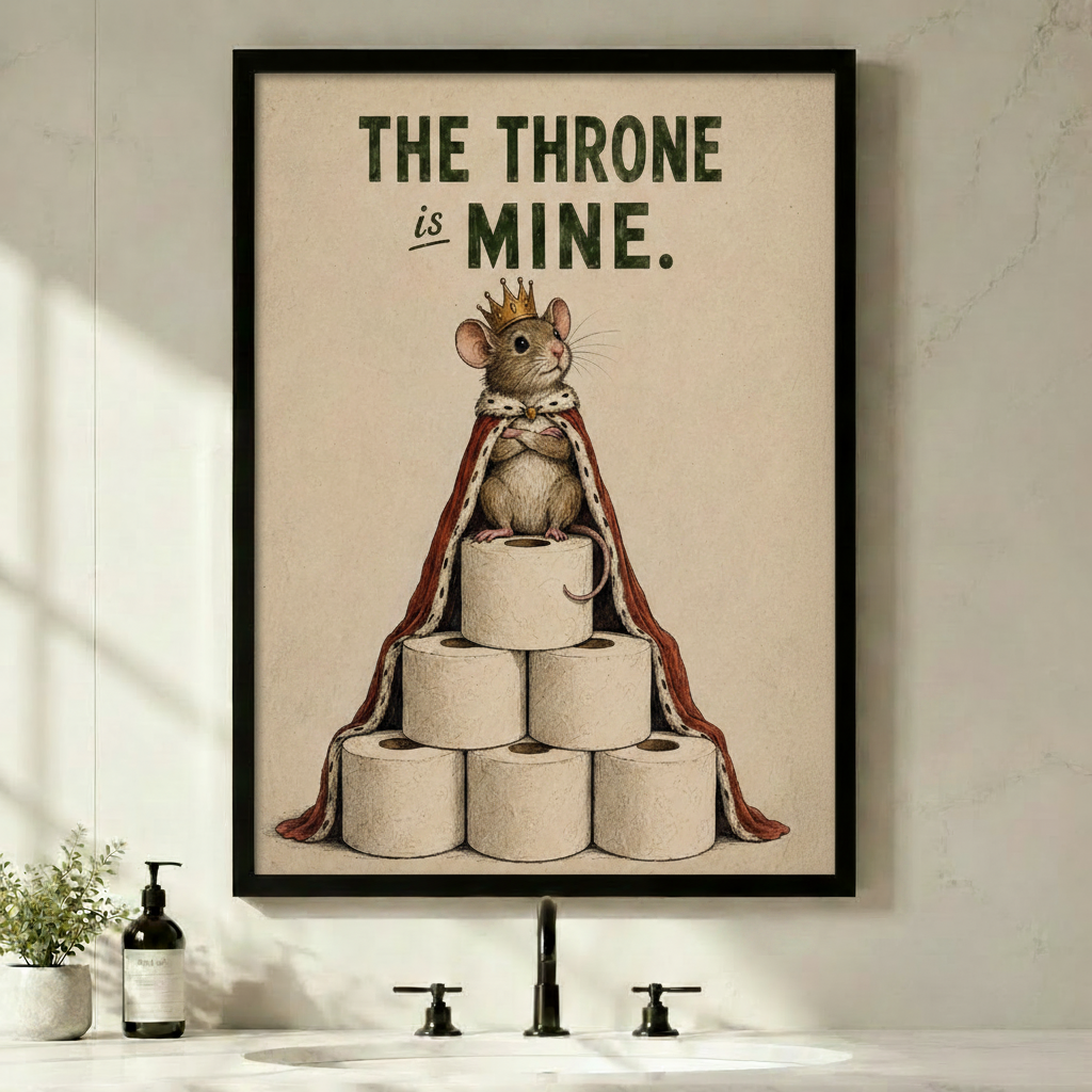 Framed vintage humorous illustration crowned mouse wearing royal red ermine cape sitting atop pyramid of toilet paper rolls with bold text The Throne Is Mine on aged cream background canvas print on white wall above black bathroom faucet sink with soap dispenser and small green plant - funny bathroom king mouse toilet paper wall art for contemporary powder room decor