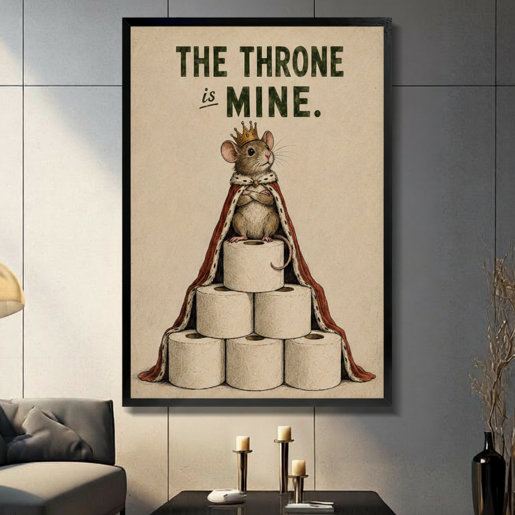 Framed vintage humorous illustration crowned mouse wearing royal red ermine cape sitting atop pyramid of toilet paper rolls with bold text The Throne Is Mine on aged cream background canvas print on dark grey tile wall in modern living room - funny bathroom king mouse toilet paper wall art for contemporary home decor