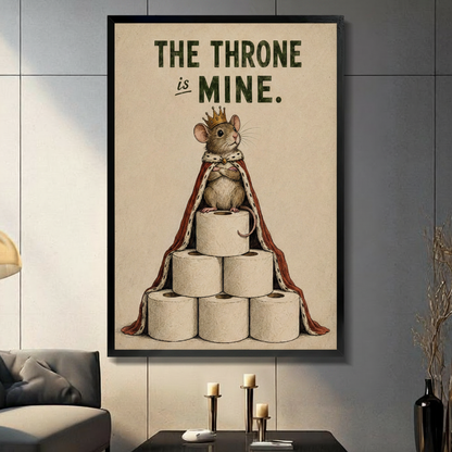 Framed vintage humorous illustration crowned mouse wearing royal red ermine cape sitting atop pyramid of toilet paper rolls with bold text The Throne Is Mine on aged cream background canvas print on dark grey tile wall in modern living room - funny bathroom king mouse toilet paper wall art for contemporary home decor