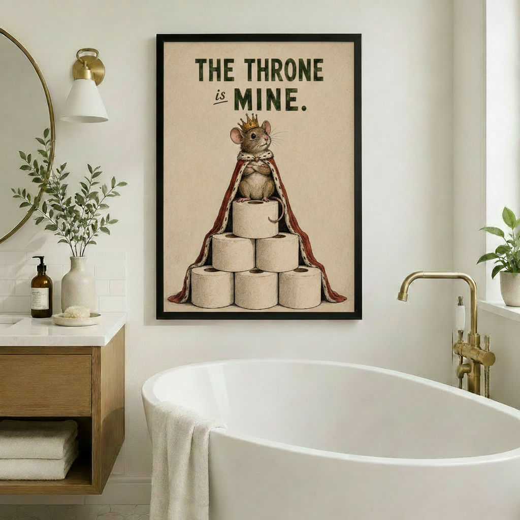 Framed vintage humorous illustration crowned mouse wearing royal red ermine cape sitting atop pyramid of toilet paper rolls with bold text The Throne Is Mine on aged cream background canvas print on white wall beside white freestanding soaking bathtub with brass floor faucet round mirror and eucalyptus branches - funny bathroom king mouse toilet paper wall art for spa-style bathroom decor
