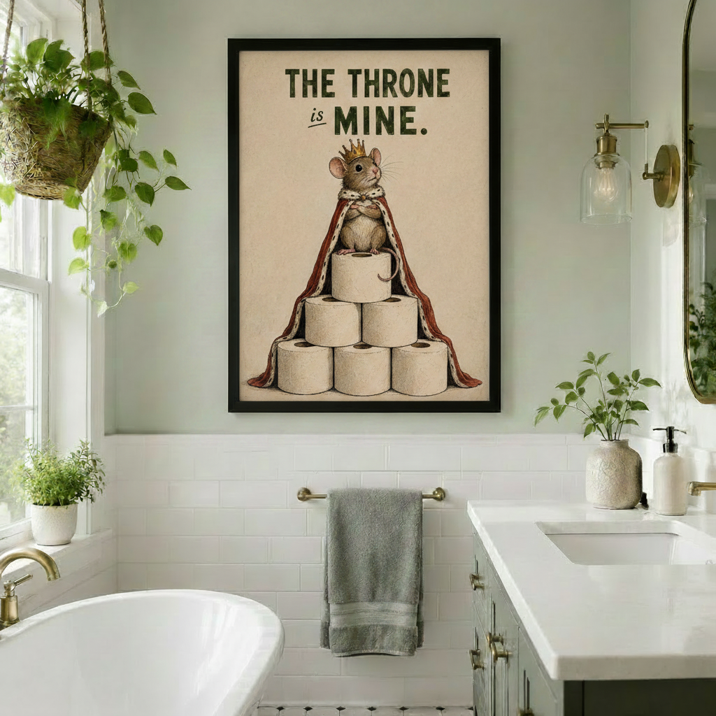 Framed vintage humorous illustration regal mouse with gold crown and red royal mantle perched on stacked toilet paper rolls with bold typography The Throne Is Mine on distressed beige background canvas print on sage green-grey wall with white subway tile above freestanding bathtub with brass fixtures hanging potted plants and double vanity with ceramic accessories - witty bathroom king mouse toilet paper wall art for botanical bathroom decor