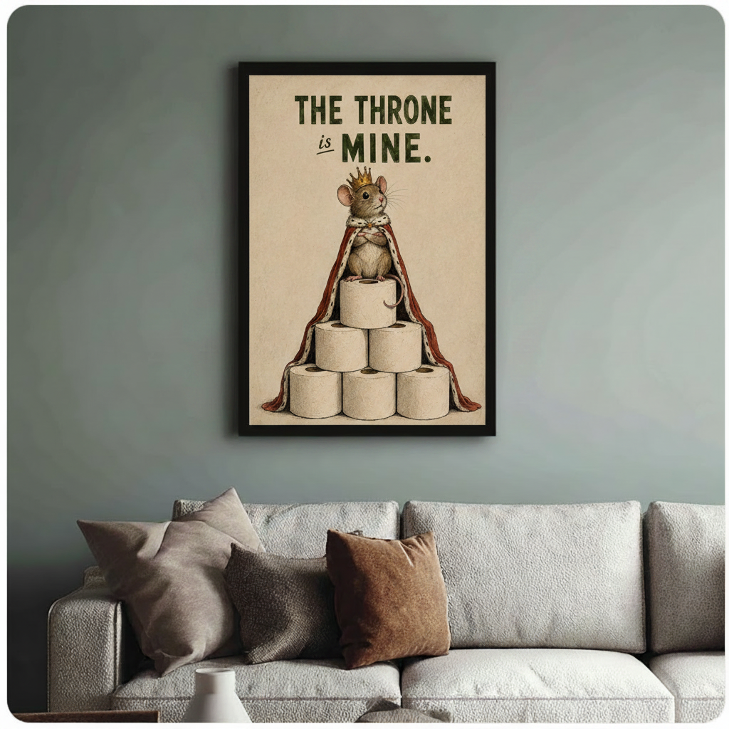 Framed vintage humorous illustration crowned mouse wearing royal red ermine cape sitting atop pyramid of toilet paper rolls with bold text The Throne Is Mine on aged cream background canvas print on sage blue-grey wall above cream textured sofa with mixed throw pillows - funny bathroom king mouse toilet paper wall art for stylish living room decor