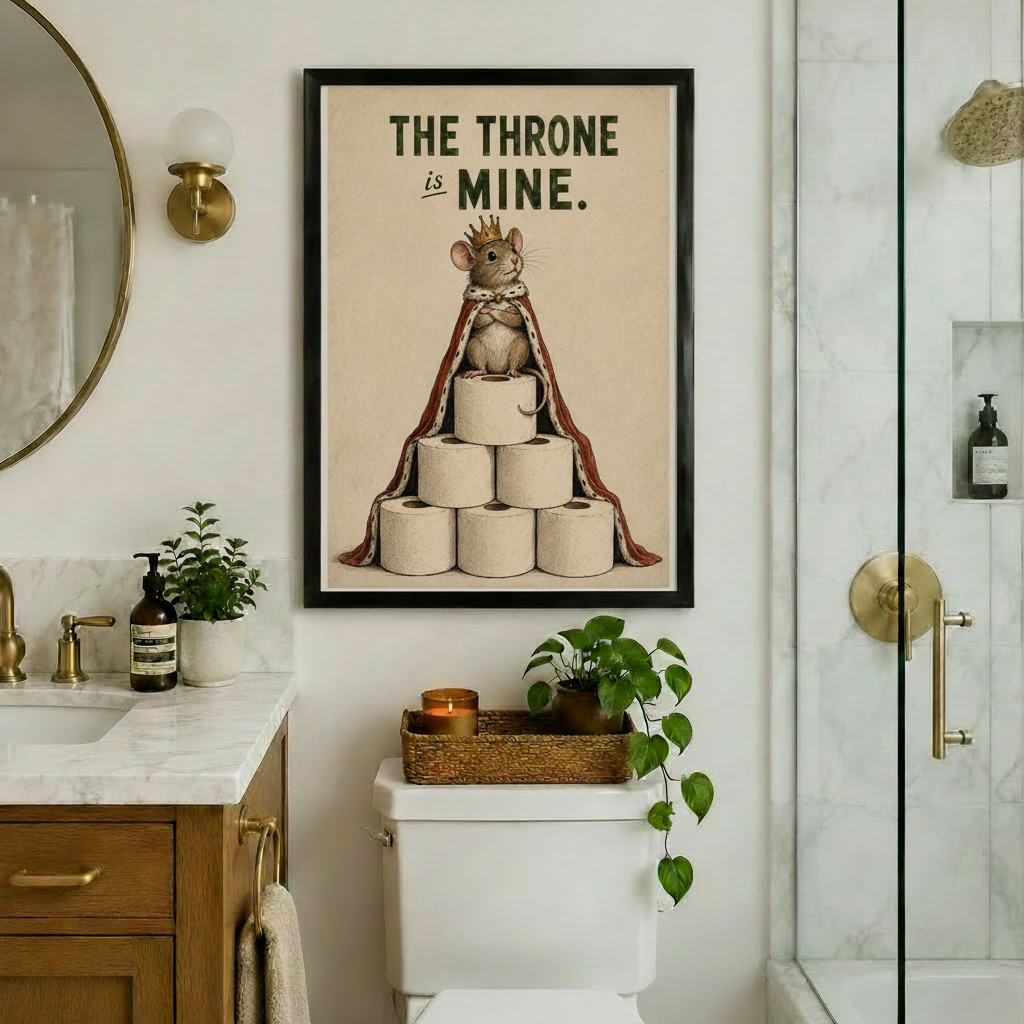 Framed vintage humorous illustration crowned mouse wearing royal red ermine cape sitting atop pyramid of toilet paper rolls with bold text The Throne Is Mine on aged cream background canvas print on white wall above white toilet with wicker tray candle and trailing potted plant beside marble vanity with brass fixtures and glass shower - funny bathroom king mouse toilet paper wall art for luxury bathroom decor