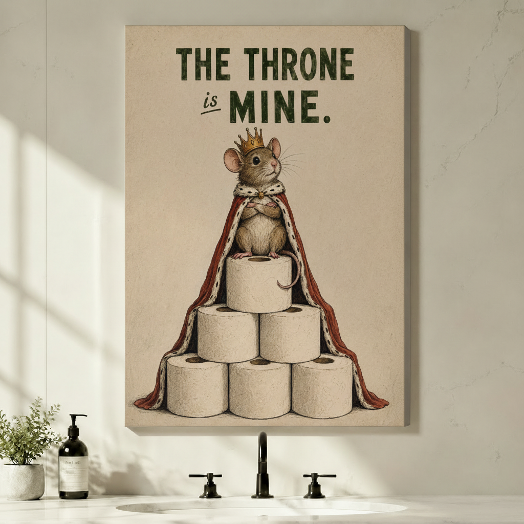 Unframed vintage humorous illustration regal mouse with gold crown and red royal mantle perched on stacked toilet paper rolls with bold typography The Throne Is Mine on distressed beige background canvas print on white wall above black faucet bathroom vanity with pump soap bottle and potted plant - witty bathroom king mouse toilet paper wall art for modern powder room decor
